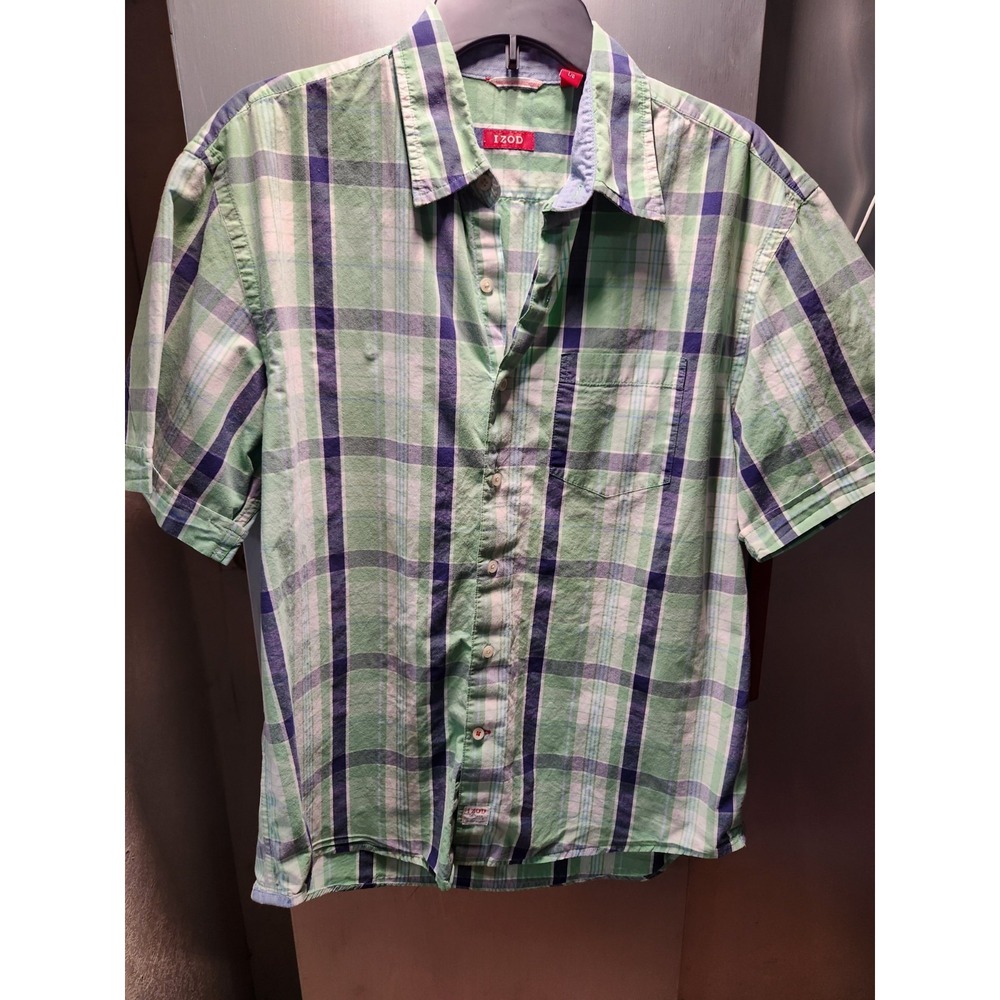 IZOD Saltwater Preppy Men's Green Plaid Short Sleeve Shirt Size Large Classic